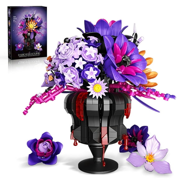 GZBricker Purple Flowers Building Set, Rose Bouquet Black Botanical Collection Gothic for Adults Women Home Office Decor