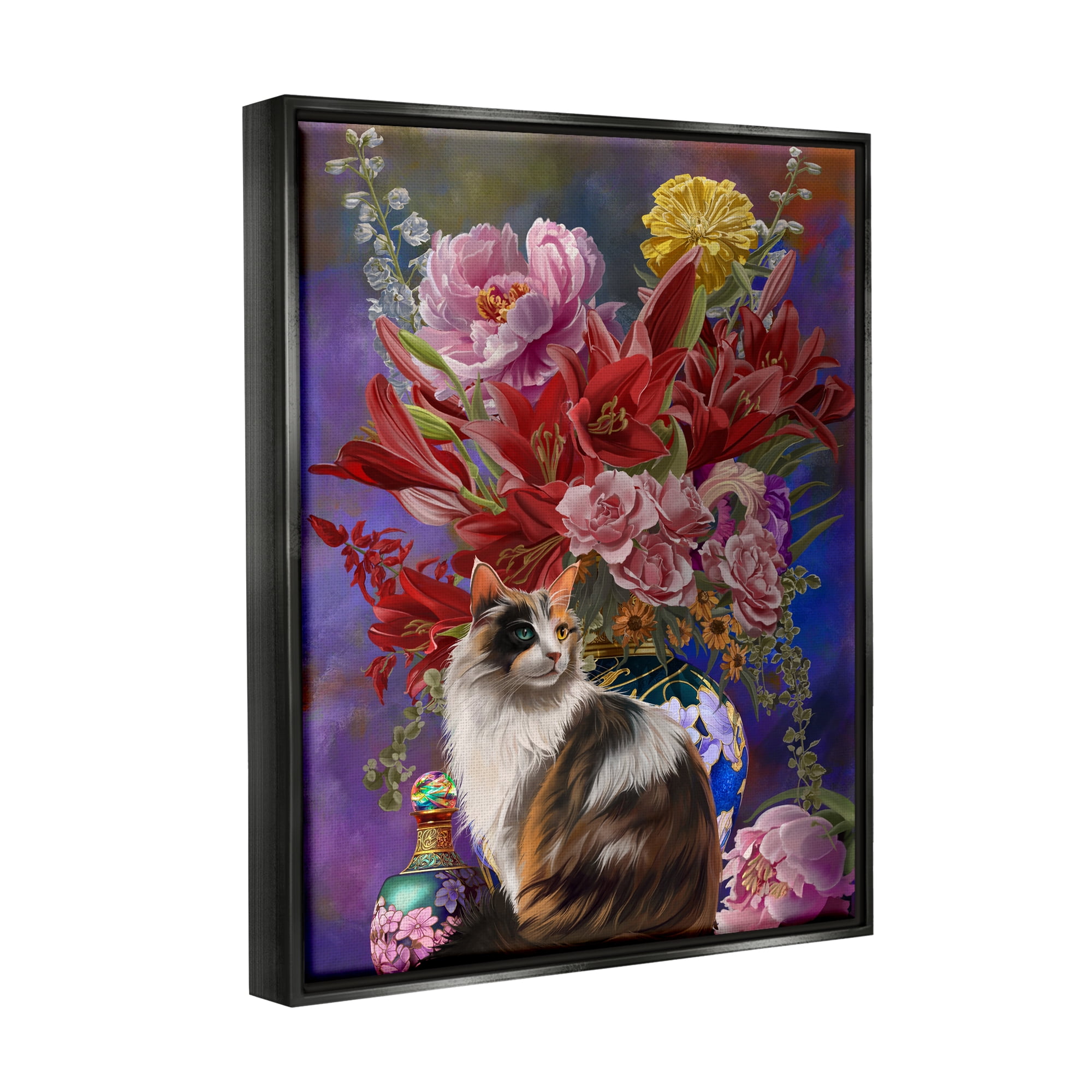 Stupell Industries Cat & Flower Chinoiserie Botanical & Floral Painting Black Floater Framed Canvas Art Print Wall Art, 25 x 31