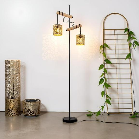 2-Light Industrial Hanging Metal Floor Lamps with Gold Hanging Shades