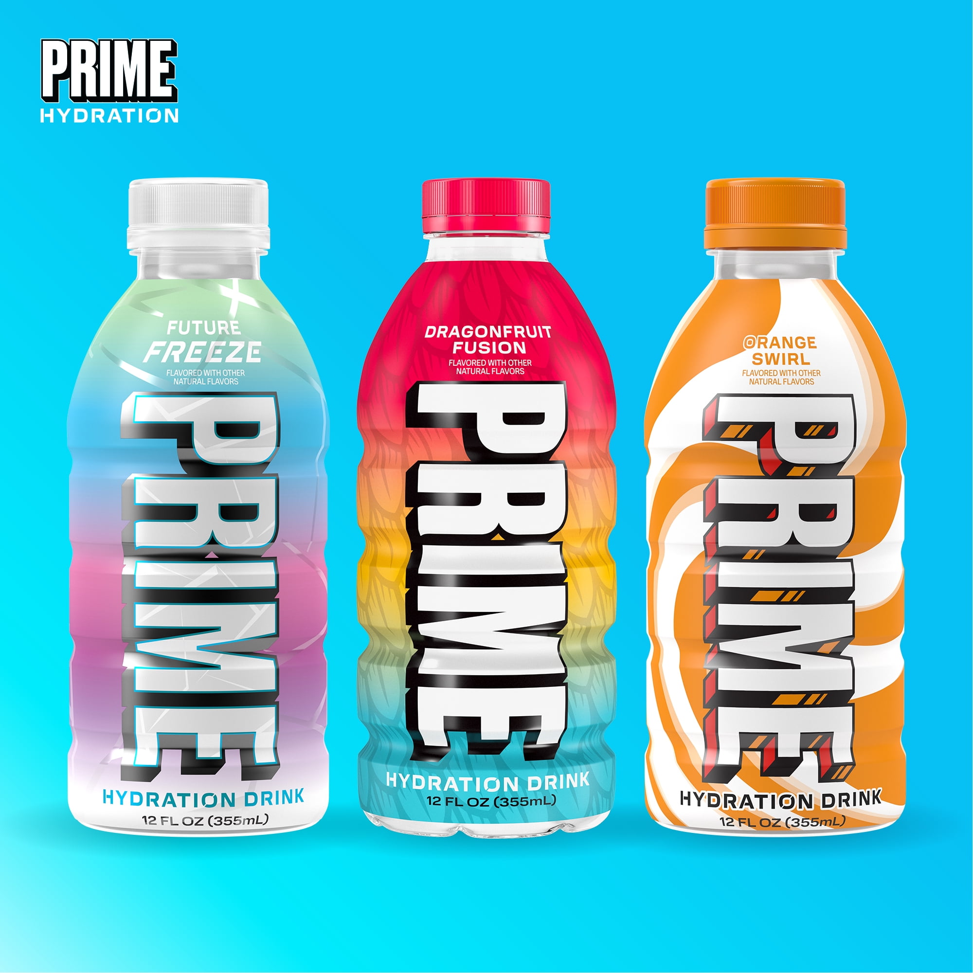 Prime Hydration Sports Drink, Variety Pack, Future Freeze, Orange Swirl, Dragonfruit Fusion, 12 fl oz, Bottles