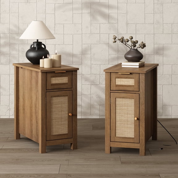 PieDle Farmhouse Rattan End Table Set of 2 with Charging Station, Narrow Side Table for Living Room, Bedside Table with Drawer and Storage Cabinet, Adjustable Shelf Nightstand
