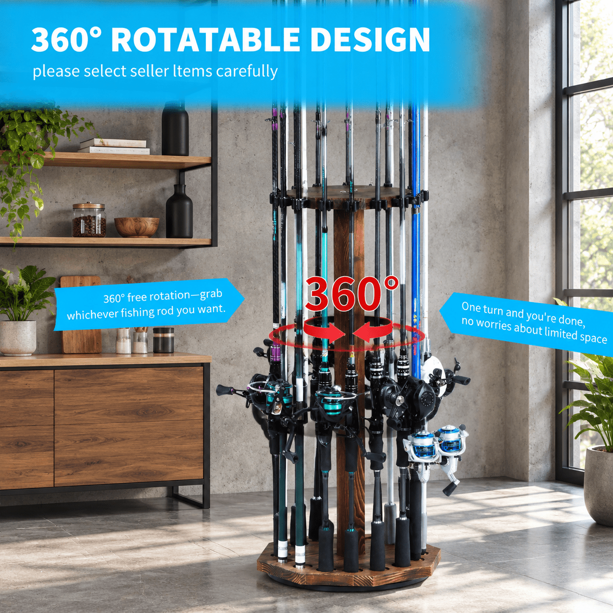 Brown Round 360° Rotating Wood Fishing Rod Rack Stores Up to 16 Rods