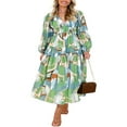 thumbnail image 2 of PENGXIANG Femmes Boho Floral Midi Robe Puff Sleeve V Cou Smocked Robes Longues Flowy Couches Robes d'Été, 2 of 9
