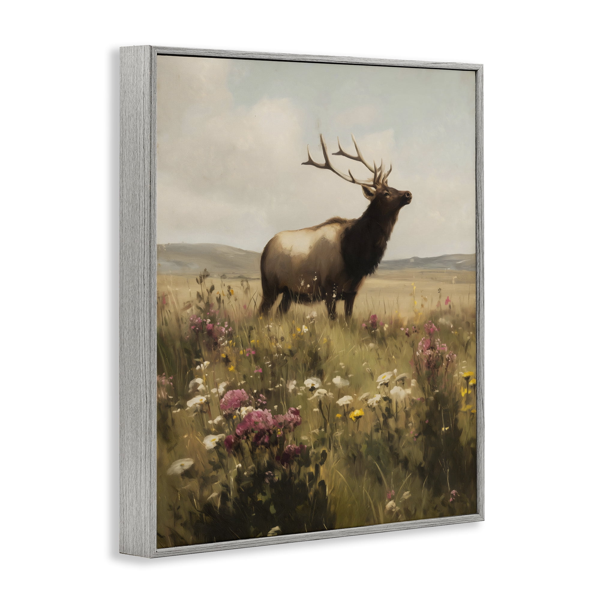 Stupell Industries Elk in the Wildflower Meadow Gray Framed Giclee Art, design by Arlington Prints