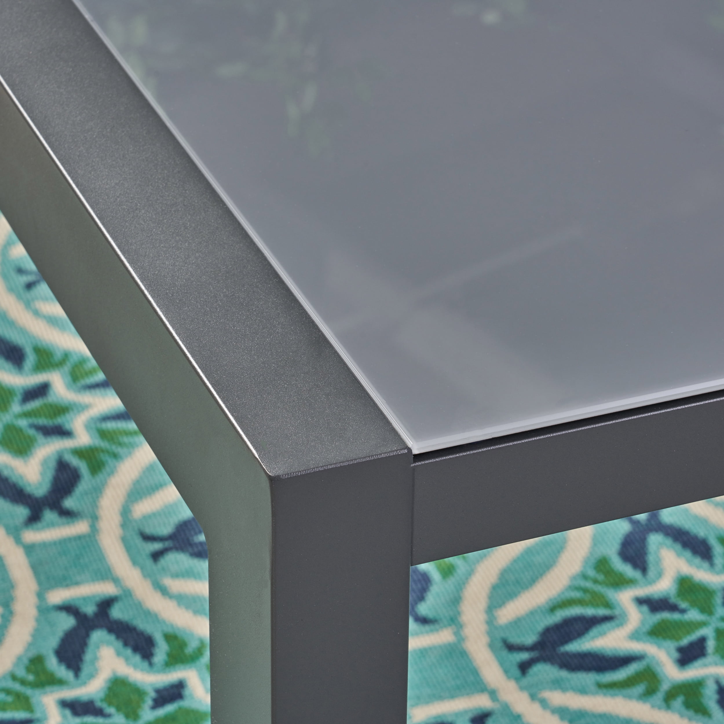 Crane Outdoor Tempered Glass Dining Table with Aluminum Frame, Gray