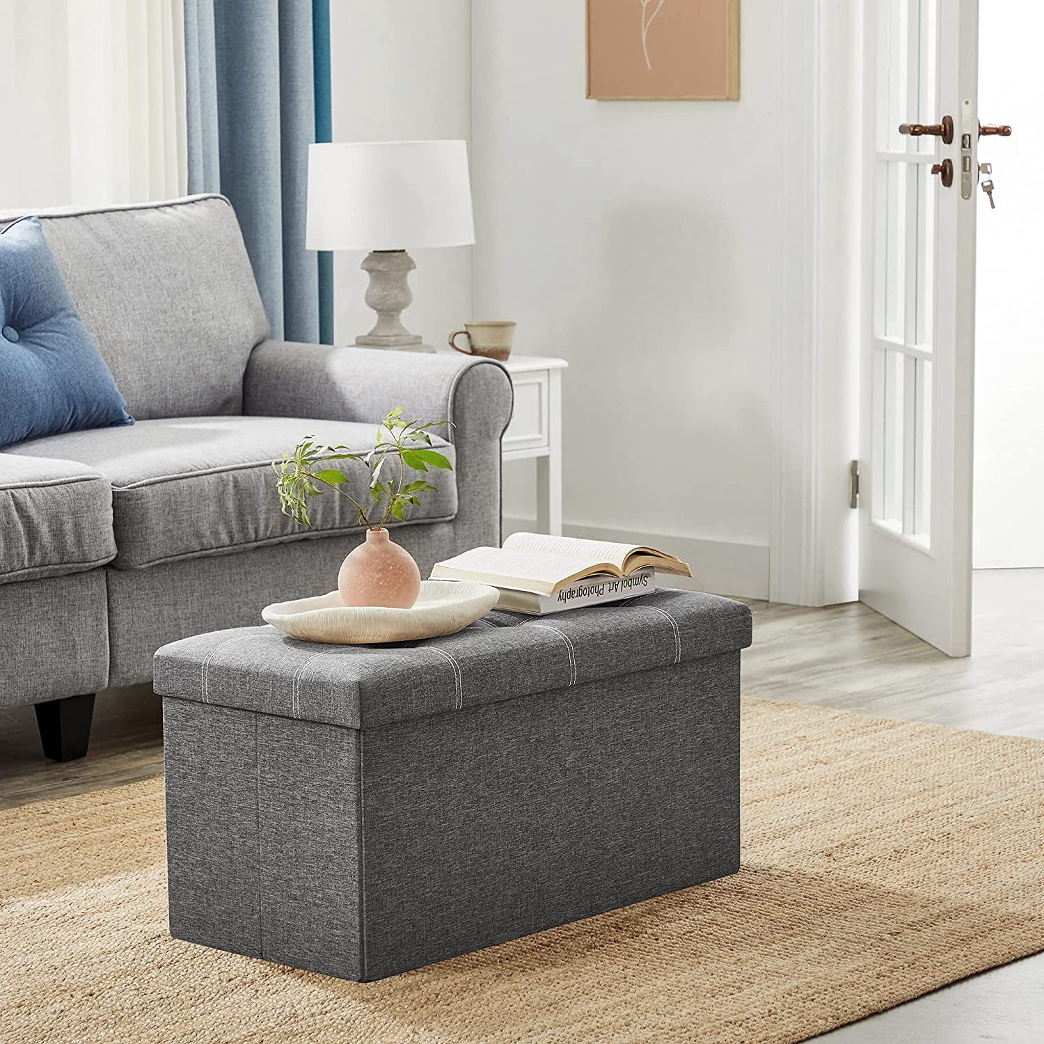 SONGMICS 30" Ottoman Footstool Storage Ottoman Bench Holds 660 lb Folding Ottoman with Storage for Living Room Dark Gray