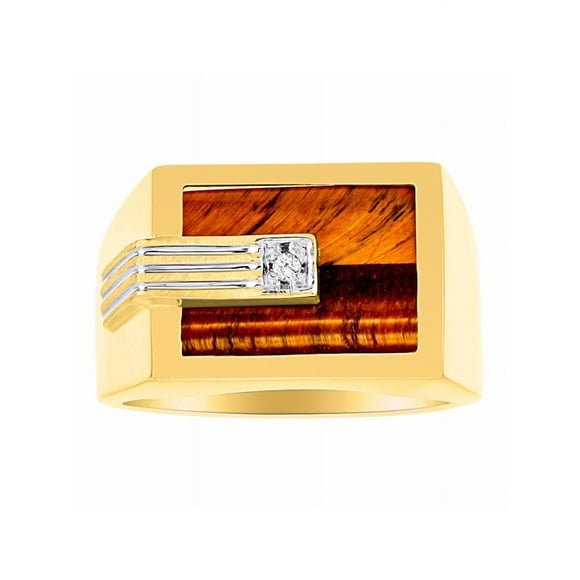 RYLOS Mens Rings 14K Yellow Gold Designer Ring With Centered Diamond and Tiger Eye Rings For Men Men's Rings Gold Rings Sizes 8,9,10,11,12,13 Mens Jewelry