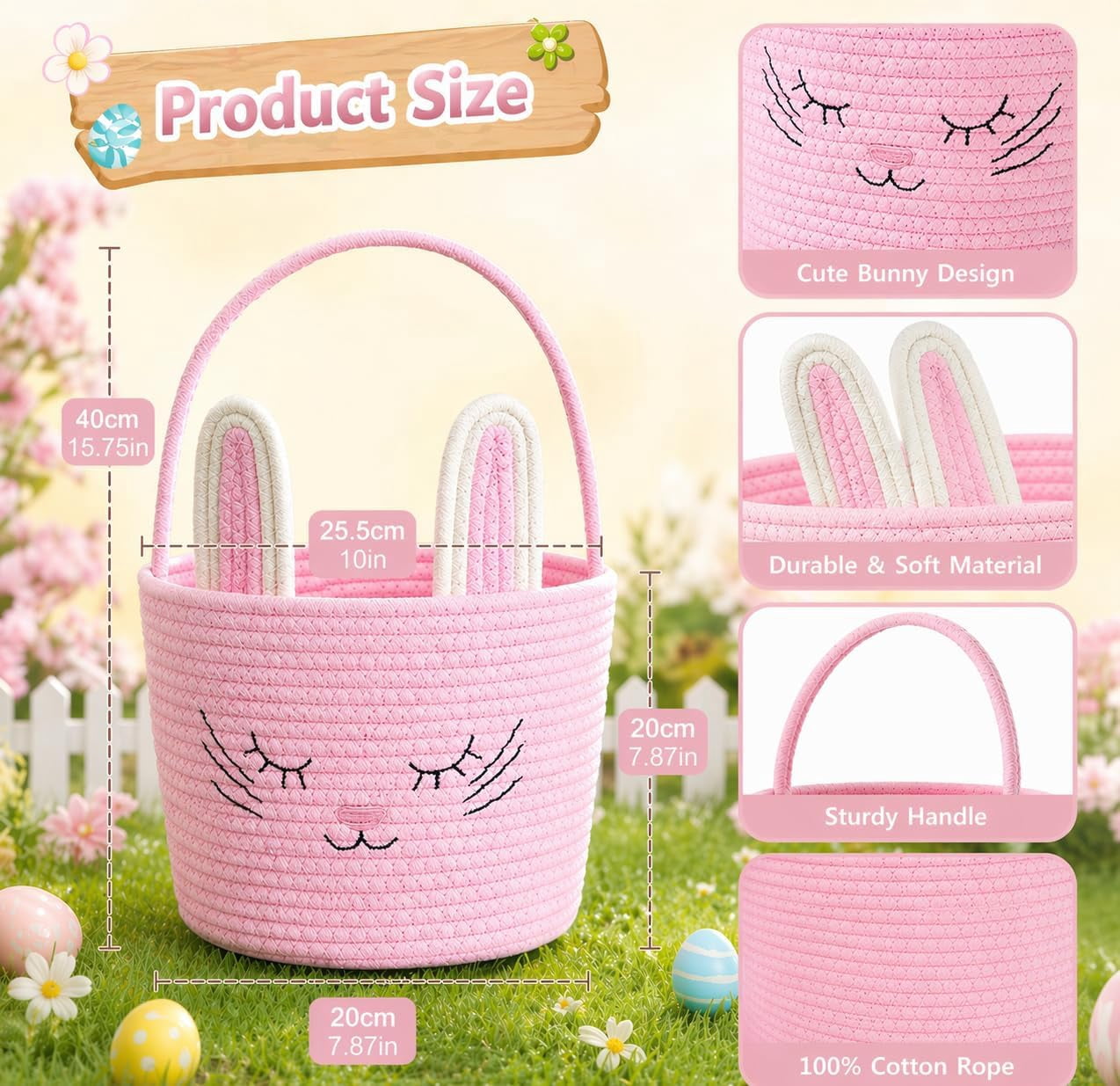 Easter Basket Bunny Design, Gift Basket with Handle, Cute Storage Basket for Eggs Candy Toys, Decorative Organizer for Party Holiday Gifts