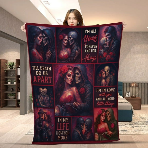 Gothic Skull Couple Blanket – Till Death Do Us Apart – Biker Love Throw for Him and Her – Romantic Skeleton Lovers Gift, Halloween Anniversary Fleece & Sherpa Blanket