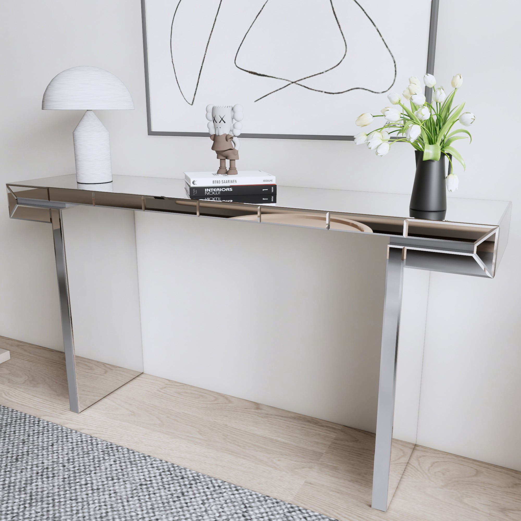 60 Inches Luxury Full-Length Mirror Console Table with Fluted Tempered Glass, Entryway Mirrored Sofa Table, Light Luxury Style, Scratch-Resistant, Reinforced Packaging (Silver)
