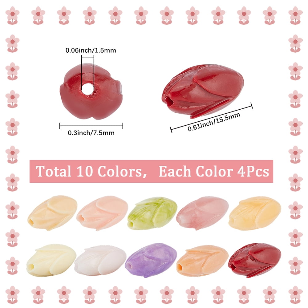 40Pcs 10 Colors Dyed Coral & Resin Beads Flower Bud Shape Mixed Color 15.5x7.5mm Hole: 1.5mm 4pcs/color
