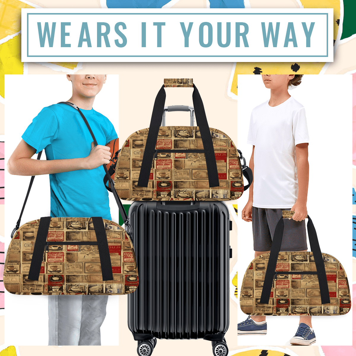 Herdesigns Sports Duffle Bags Travel Duffle Bag Gym Bag Retro Coffee Theme Weekender Travel Bag Waterproof Overnight Bag Carry On Travel Tote Bag Dance Bags