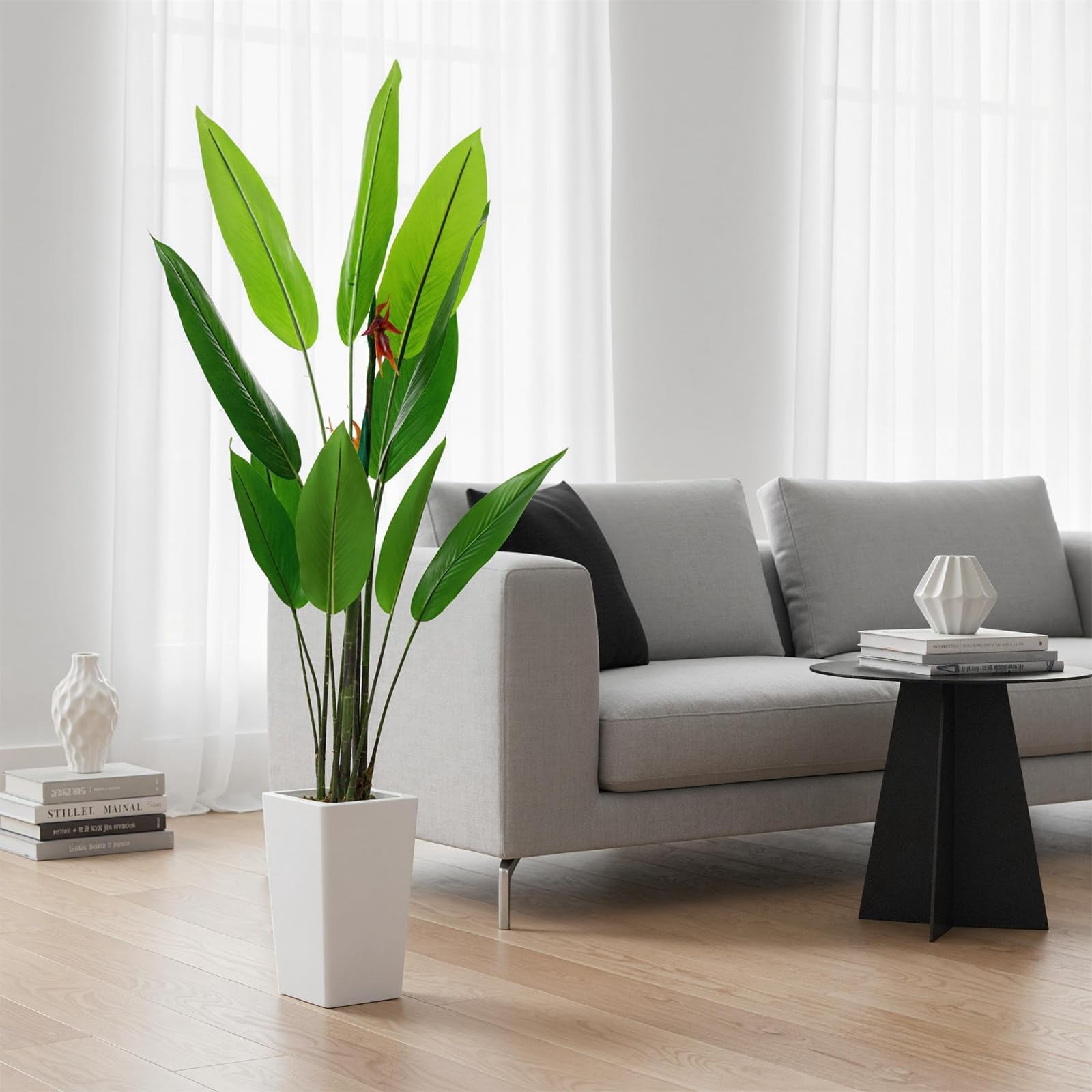 Accreate Faux Banana Tree Artificial Plant, Fake Potted Tropical Evergreen with Tall White Planter for Living Room, Entryway, Porch, or Office