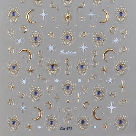 RAGUPEL Gold Star Press on Nails Medium Almond Fake Nails Blue Ombre False Nails with 3D Eye Moon Designs Glue on Nails Gradient Acrylic Nails for Women Manicure 24Pcs