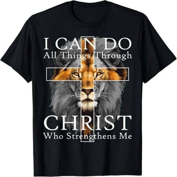 Strong Lion With Cross Christian Faith Inspirational Mens T-Shirt