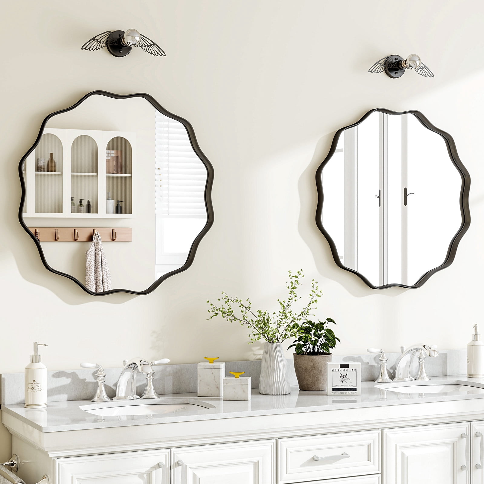SHATTERVIEW 36" Wavy Round Bathroom Mirror Wall Mounted Vanity Mirror, Black
