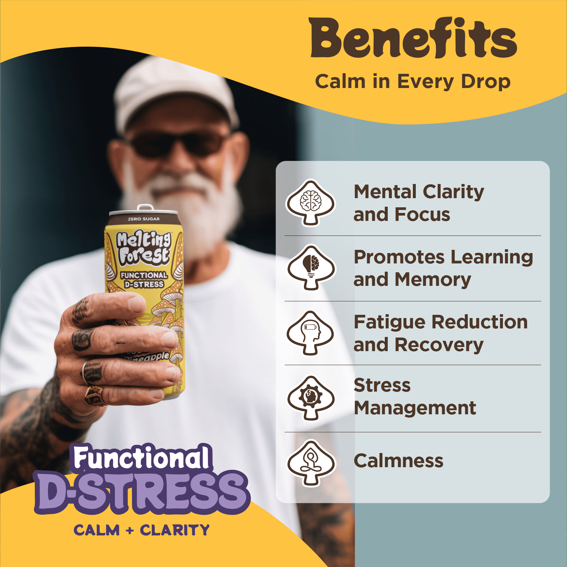 Melting Forest D-Stress Drink Coconut Pineapple Mushroom-Infused Seltzer 5 Calories Zero Sugar 12-Pack 12 fl oz