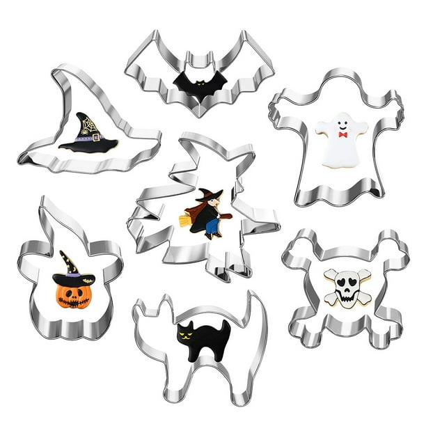 Juego de moldes de acero inoxidable para galletas de Halloween, 7 Uds., para hacer calabaza, fantasma, bruja, gato, murciélago, molde para galletas