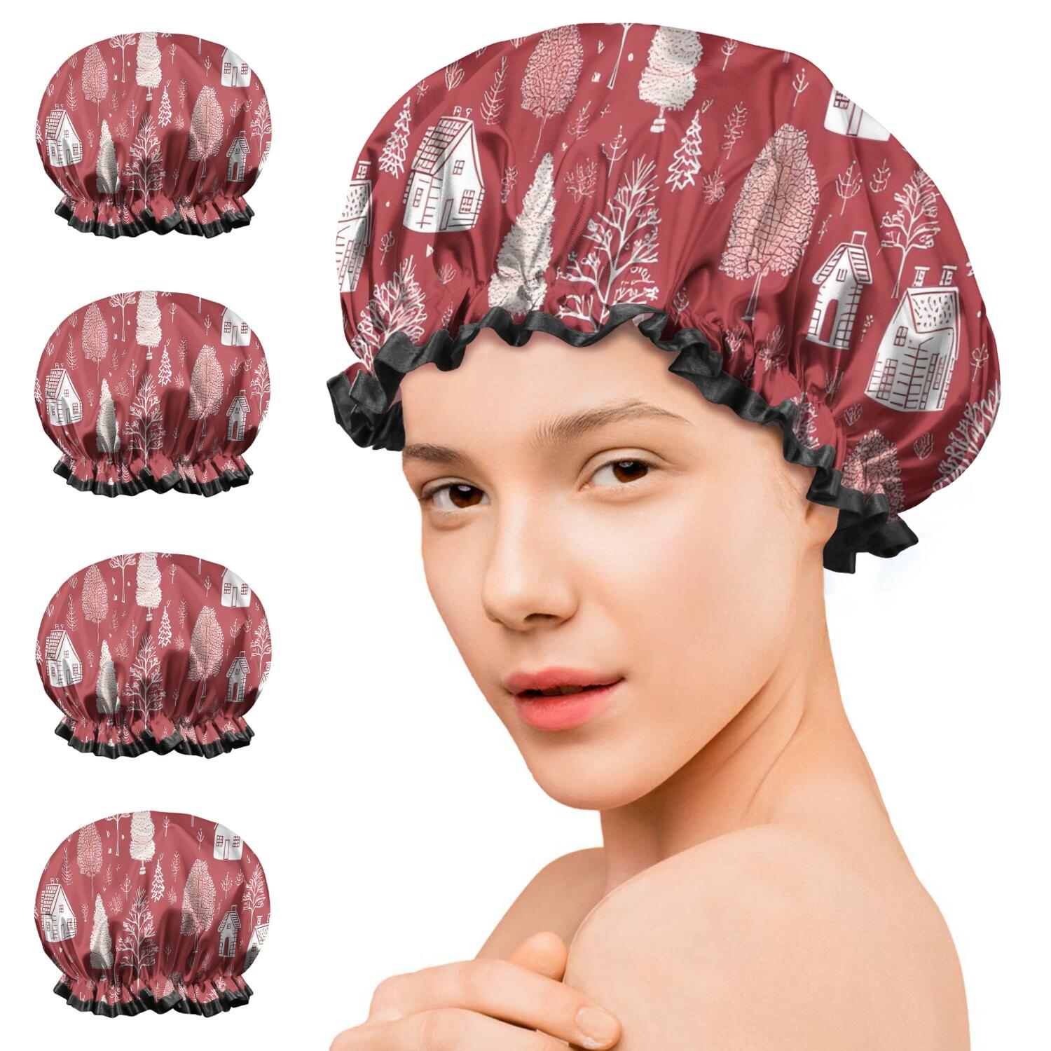 Shower Caps,Red Christmas Village Pattern Waterproof Shower Cap for Women 4 Pieces,Double Reusable Hair Cover for Shower PEVA Elastic Stretch Hem