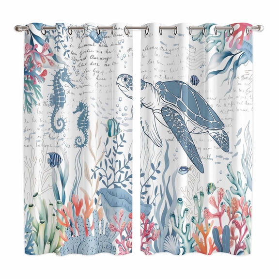 Coastal Turtle Kitchen Curtains Window Panels, Summer Beach Nautical Ocean Coral Seahorse Insulated Window Treatment Curtain, Grommet Curtains for Bedroom/Living Room/Bathroom, 2 Piece 42"Wx63"L