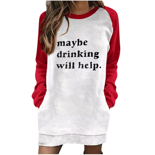 Nueva moda Casual estampado manga larga cuello redondo contraste Color suéter Top mujer ropa sudadera vestido Pompotops hdfakjf3836