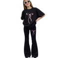 thumbnail image 2 of Girls' 2-Piece Outfit Set, Pink Bow Graphic Short Sleeve Crewneck Sweatshirt and Matching Flare Leg Pants, Coordinated Casual Wear for Spring Fall, School, Playdates, Soft and Comfortable - Black, 2 of 4