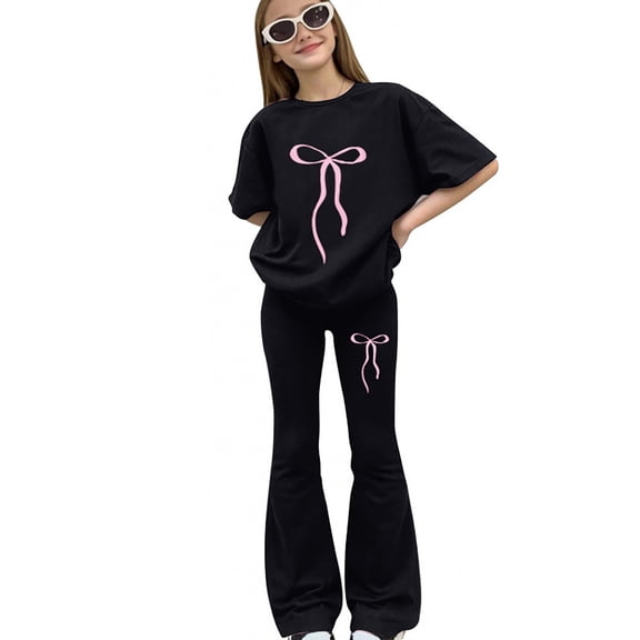 Girl's 2 Piece Outfits Graphic Crewneck Sweatshirts and Long Flare Pants Set Spring Fall Clothes Kids Clothing Set Black