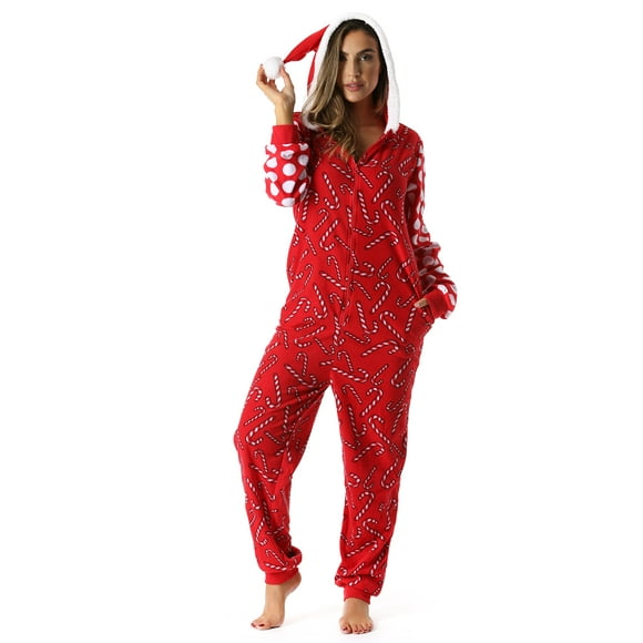 6445-L #FollowMe Adult Onesie / Womens Pajamas, Candy Cane Santa