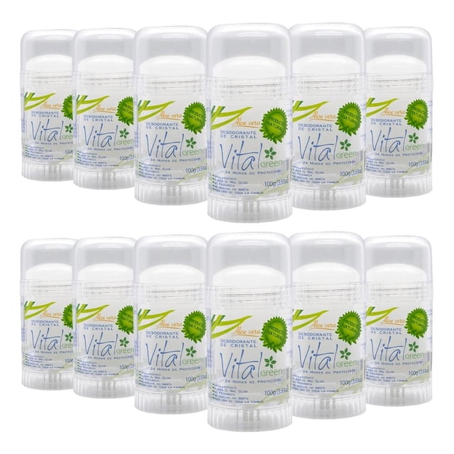 Desodorante de Piedra Natural con Aloe Vera Vital Green 12 piezas de 100 g cada una, desodorante cristal vegano con 24 horas de protección antibacterial y antihongos, neutraliza olores y mantiene frescura, ideal para higiene personal diaria y cuidado natural.