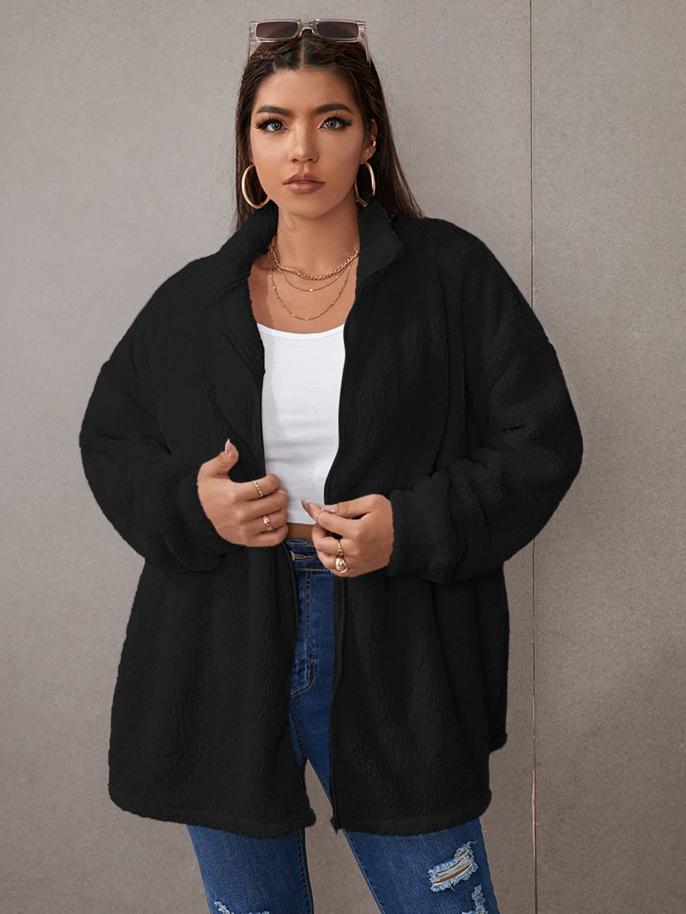 Plus Size Zipper Oversized Flannel Coat 