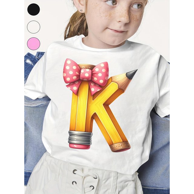 Pencil alphabet Back to School Girls Summer T-Shirt with Funny animal Sayings Youth Fit Short Sleeve Comfortable Cotton Tee for Daily School and Gift