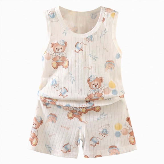 Toddler Infant Baby Boy 2Pcs Summer Outfits Set Cartoon Outfit Blue Bear Print Sleeveless Tank Top Shorts Kids Casual Summer Wear Size 18-24 Months