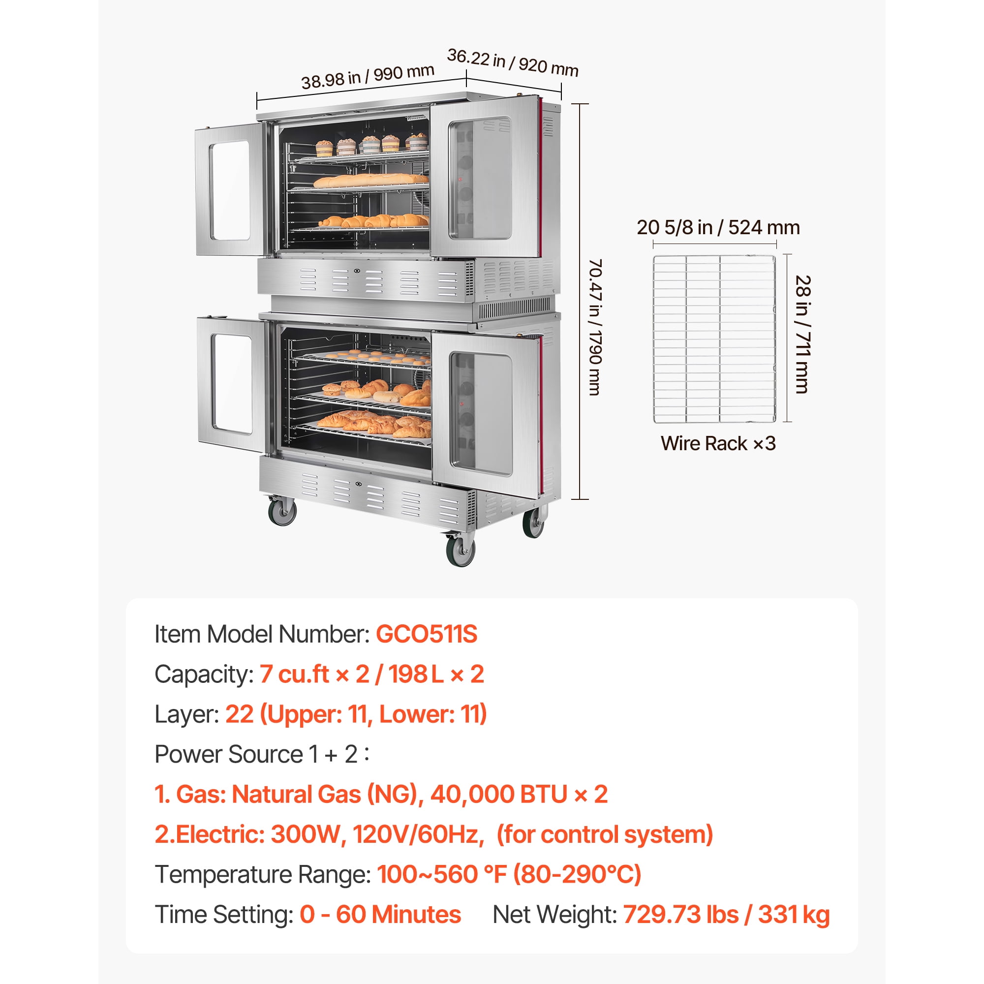 KFFKFF Double Deck Gas Convection Oven,14 cu.ft Full-Size Commercial Oven, 40,000 BTU x 2 High-Performance Burners, Natural Gas Oven with Dual Fan Modes, Ideal for Bakeries, Restaurants, and Kitchens
