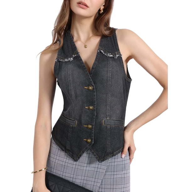 CHALECOS DE JEAN SIN MANGAS PARA MUJER INSPIRADOS EN CHIC, LAVADOS Y DESGASTADOS, CHAQUETAS DE JEAN CASUAL NEGRAS TALLA L