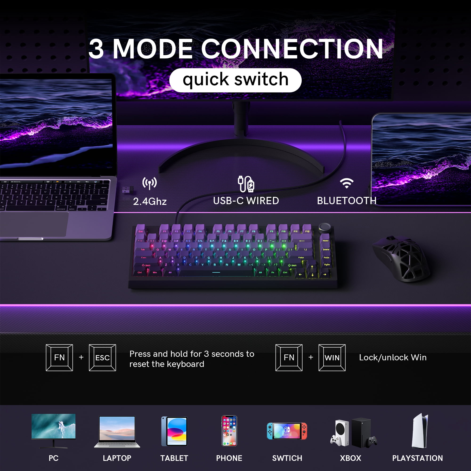 COSTOM WK75 75% Wireless Mechanical Keyboard, 75% Hot Swappable Custom Keyboard with Knob, RGB Backlit, Pre-lubed Switches, 2.4GHz/USB-C/BT5.0 Gaming Keyboards (Purple)