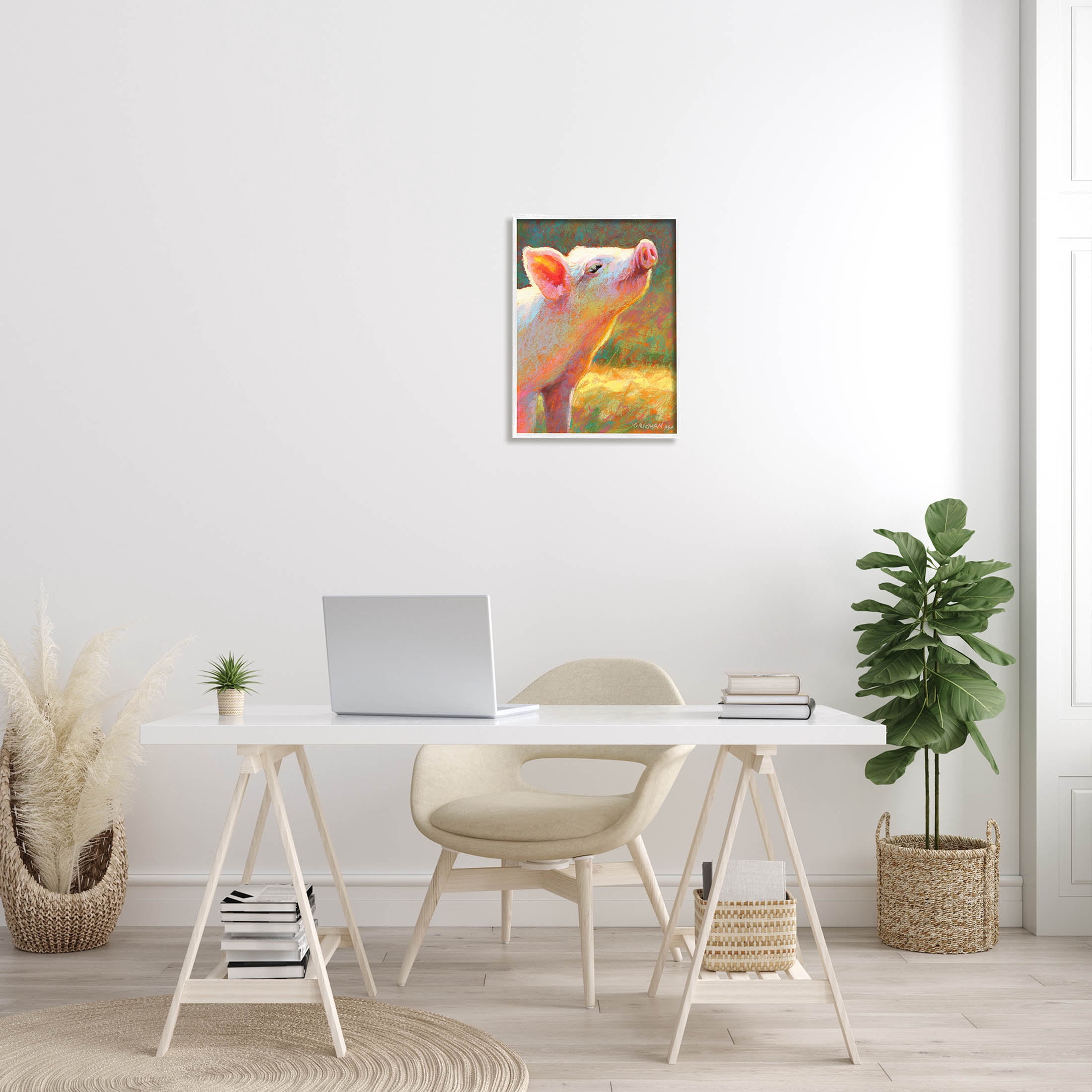 Happy Pink Pig Sunny Farm Animals & Insects Painting White Framed Art Print Wall Art