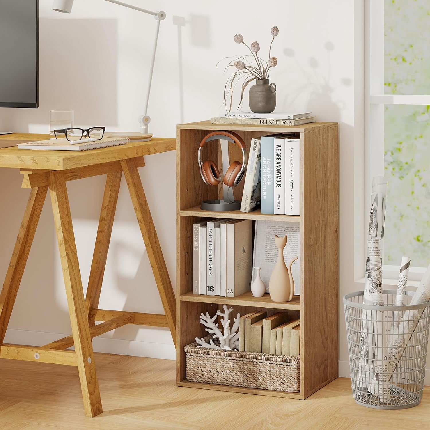 LOKO 3-Tier Cube Bookcase, Modern Open Bookshelf with Adjustable Shelves, Floor Standing Cubby Display Cabinet, Wooden Modular Storage Organizer for Living Room, Study, Home Office (1, Natural)