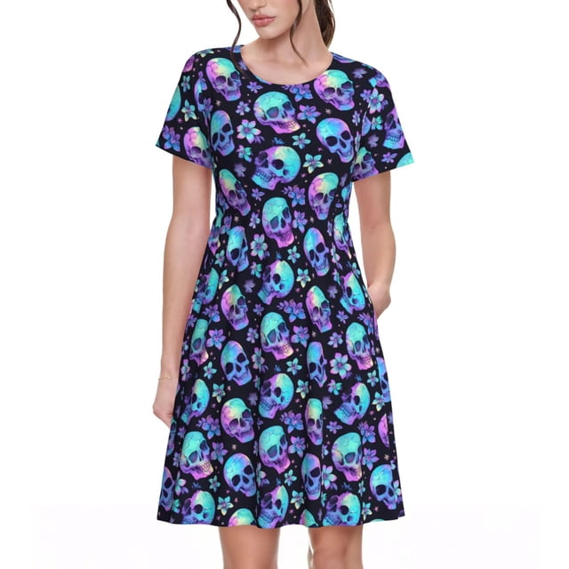 Balery Skull flower tie dye Vestidos sueltos de manga corta para mujer, vestidos de verano 2025, vestidos casuales de corte A con vuelo.