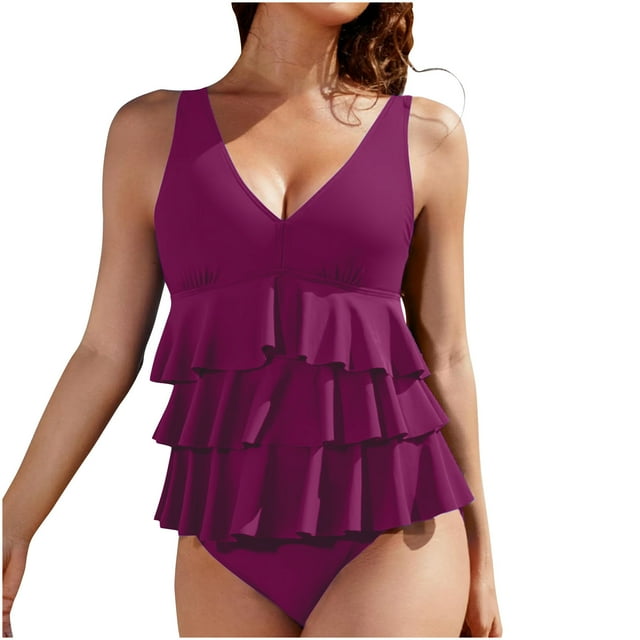Dvprdro Women's Tankini Swimsuits Summer V Neck Ruched Ruffle Solid Swim Suits