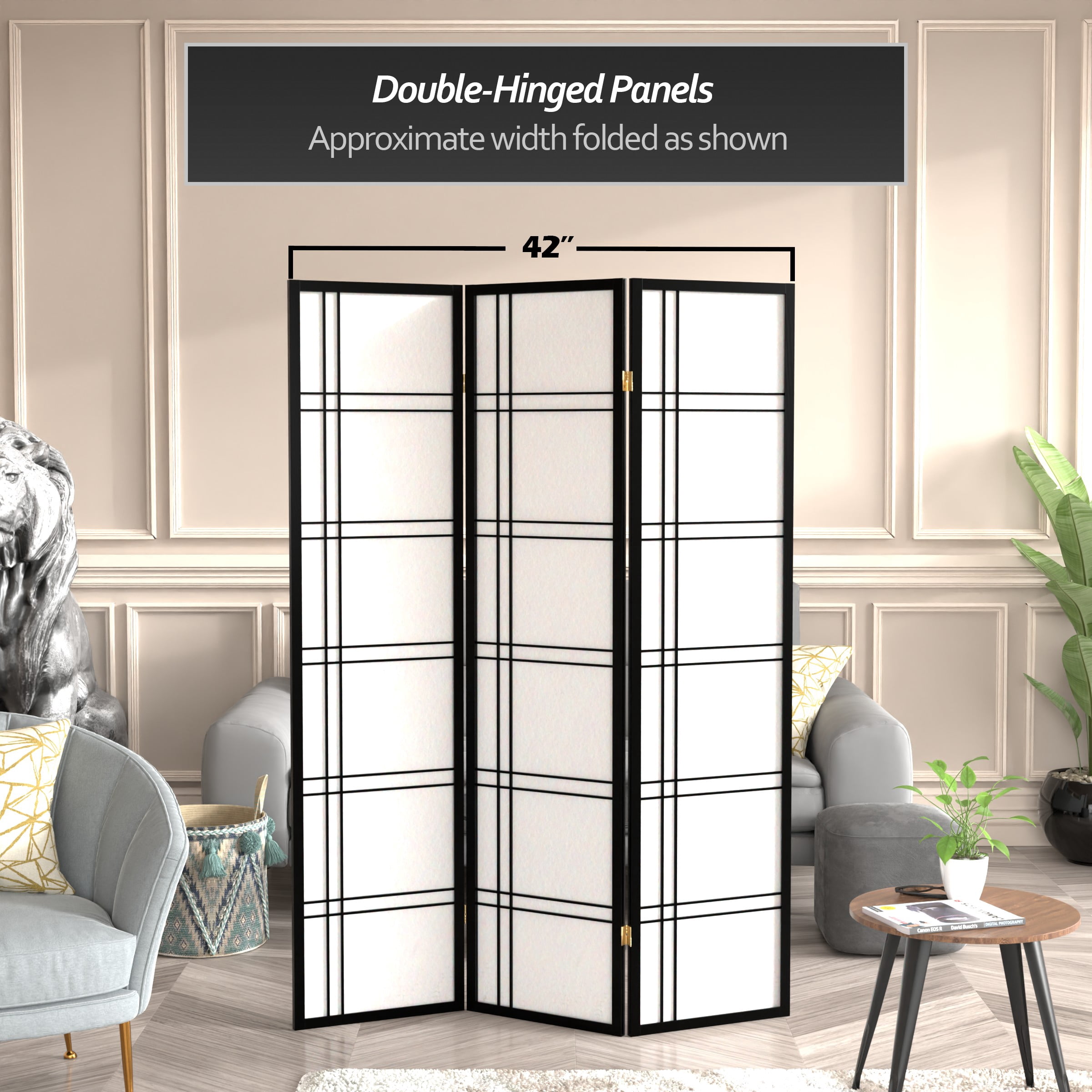 6 ft. Tall Three-Panel Shoji Screen Room Divider in Black with Double Cross Frame