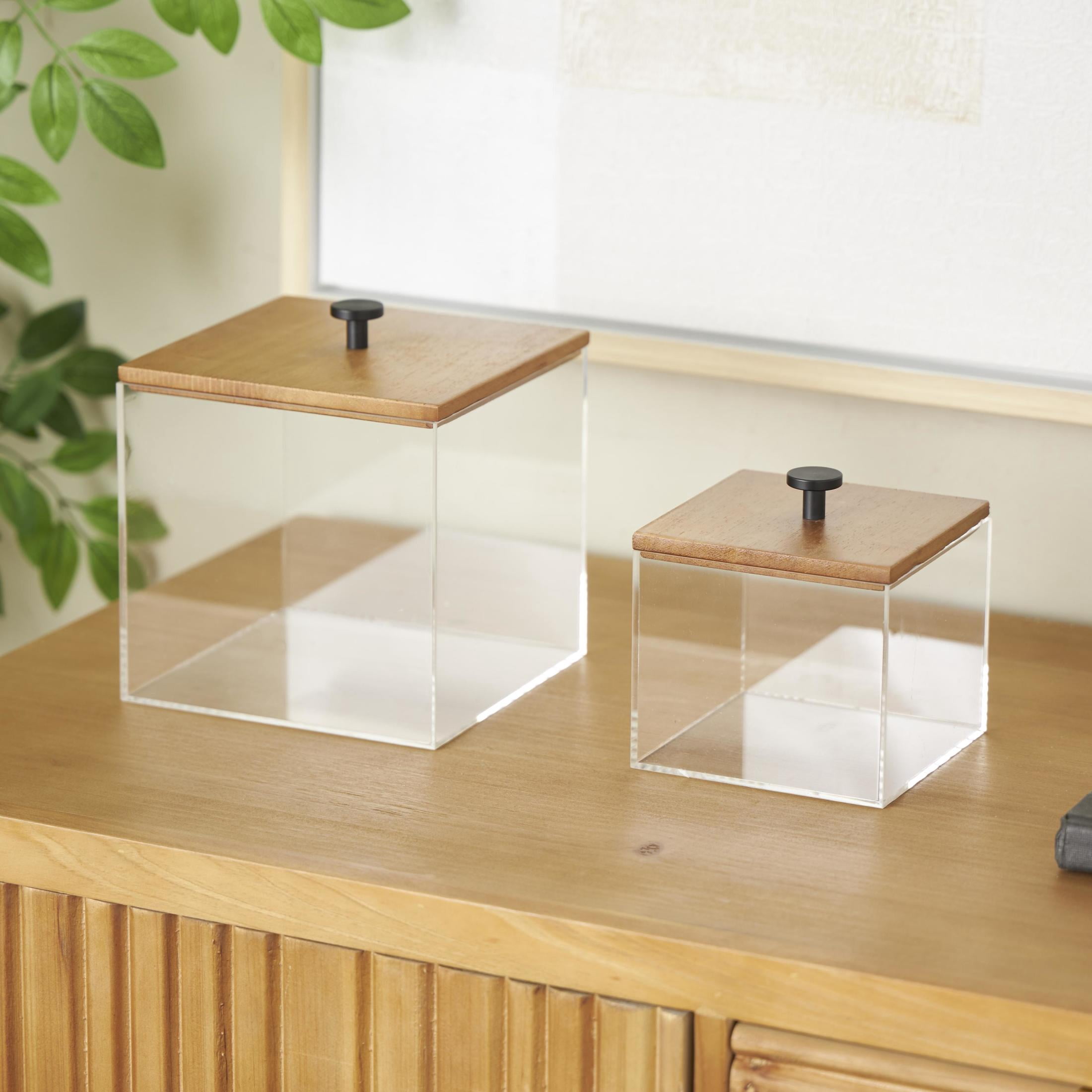 DecMode Clear Acrylic Plastic Decorative Box with Brown Wooden Lids and Black Knobs, 2 Count