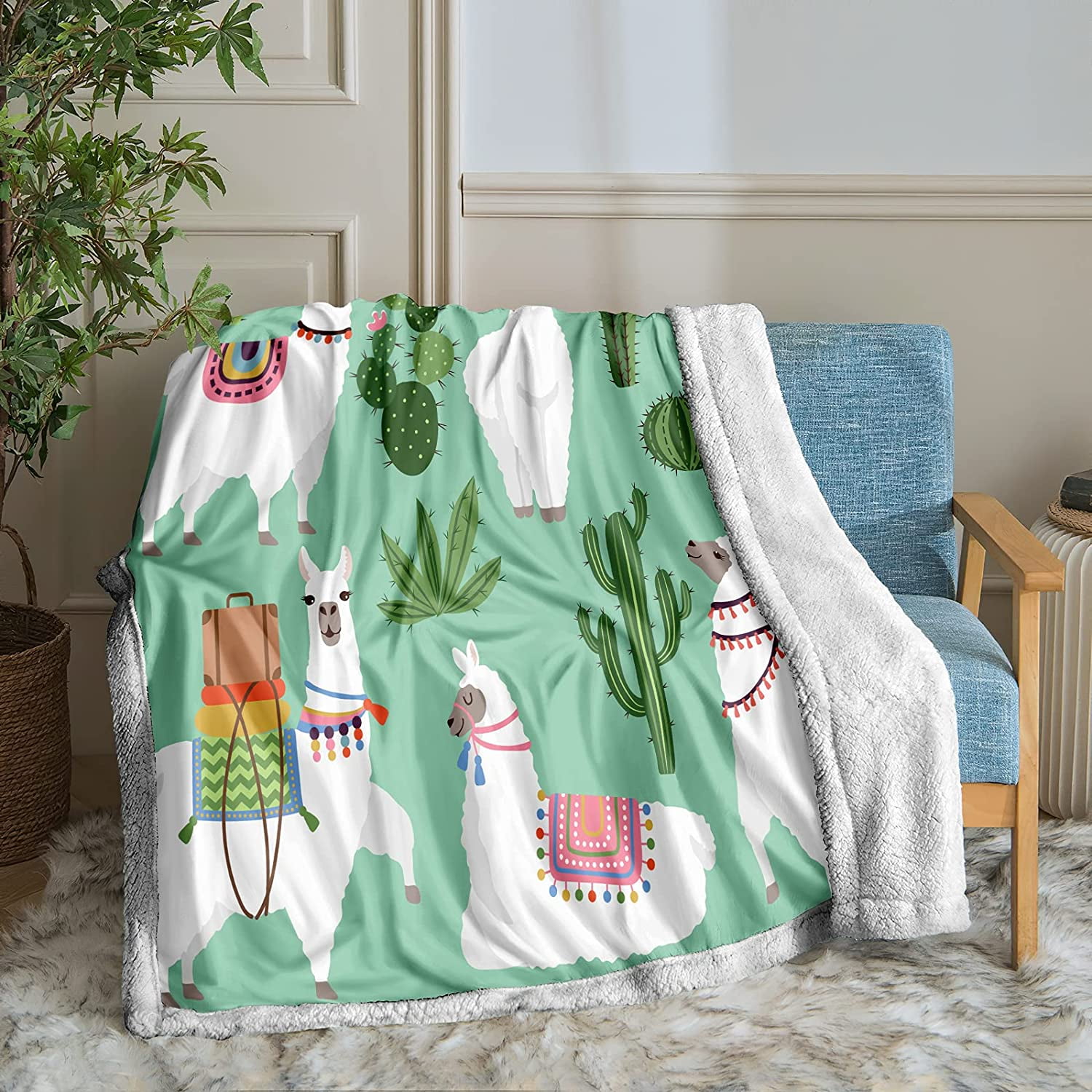 White Llama Blanket Green Cactus Throw Blanket Cartoon Alpaca and Cactus Flower Printed Sherpa Fleece Blanket Green Kids Boys Girls Blanket for Bedroom Couch Sofa Twin 60 x80 Green Walmart