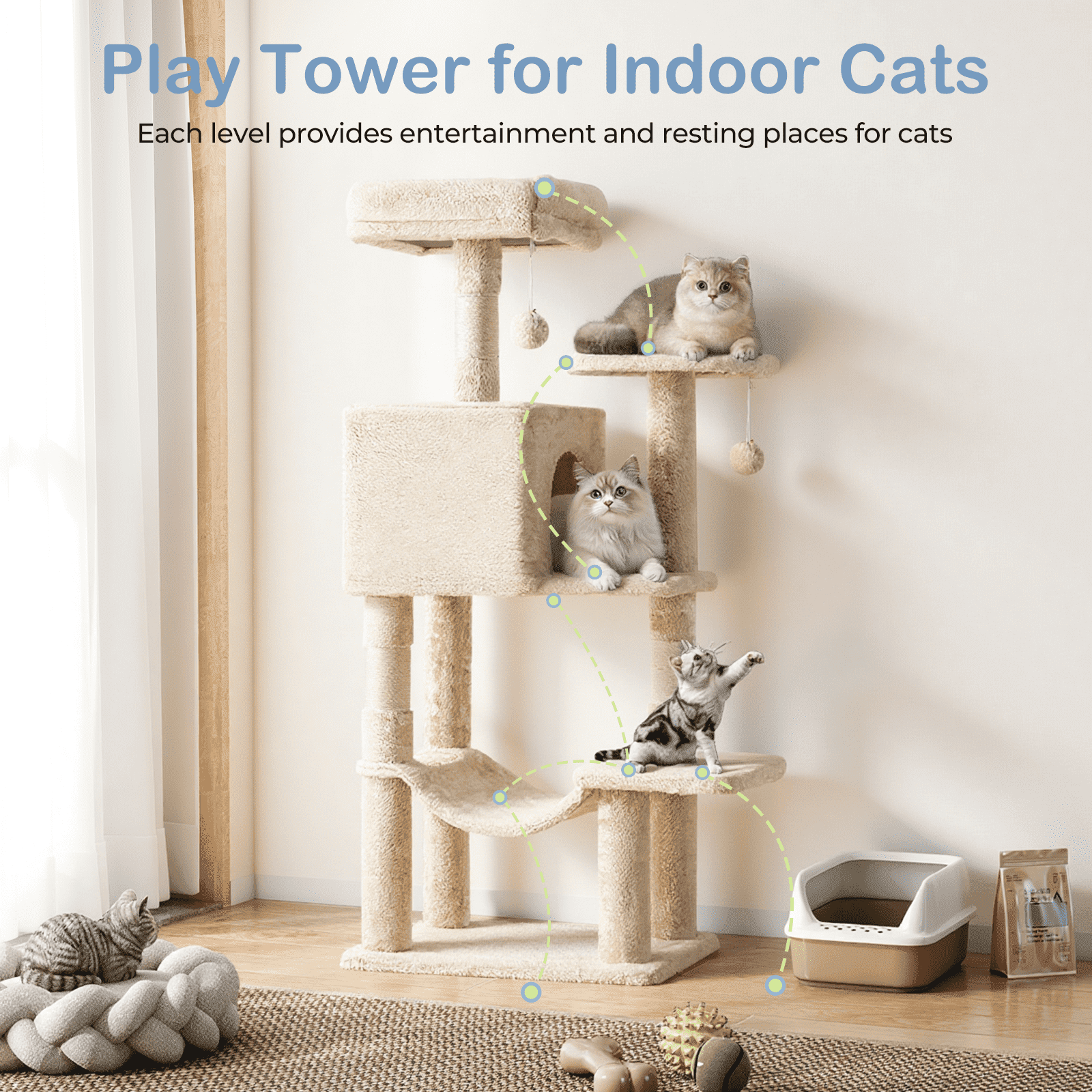 MAYEERTY 44-inch Cat Tree Tower Multi-Cat Climbing Natural Sisal Scratching Posts Extended Platform Hammock