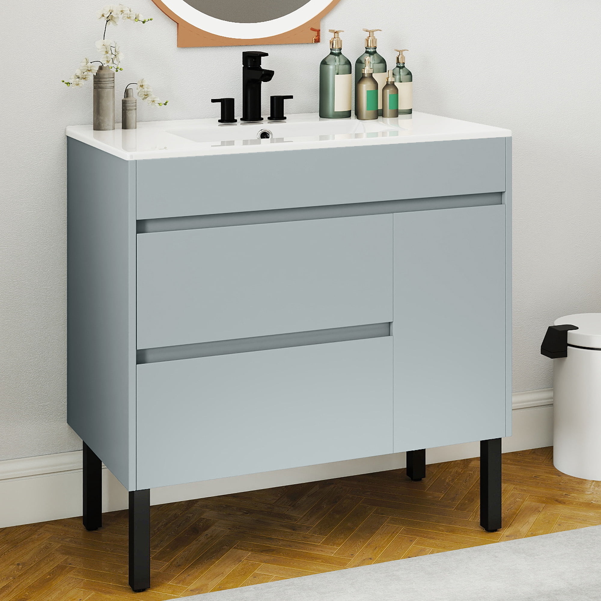 Uforic 36" Modern Free Standing Bathroom Vanity with Undermount Sink, Soft Close Door & Storage Cabinet, Gray