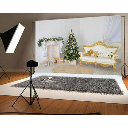 Image of 7x5ft Christmas Photography Backdrop Tree Interior Decorations Gift Box Fireplace Sofa Bear Dolls Brown Blanket Scene Photo Background Children Baby Adults Portraits Backdrop