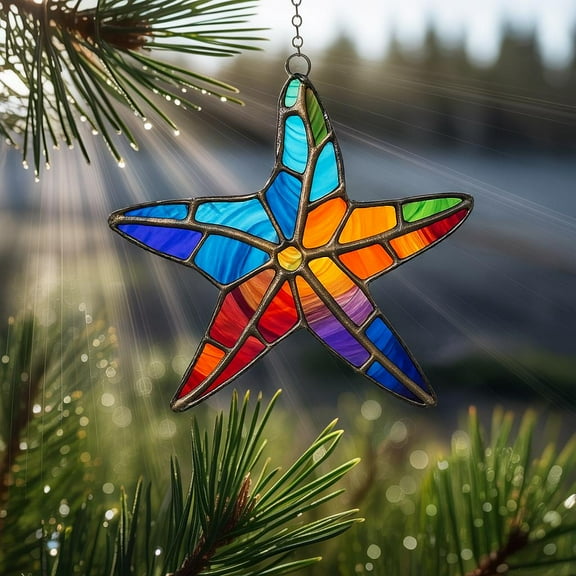 Colorful Starfish Acrylic Suncatcher, Ocean Window Decor, Coastal Sea Star Ornament, Starfish Stained Glass,Beachy Sun Catcher,Xmas Ornament