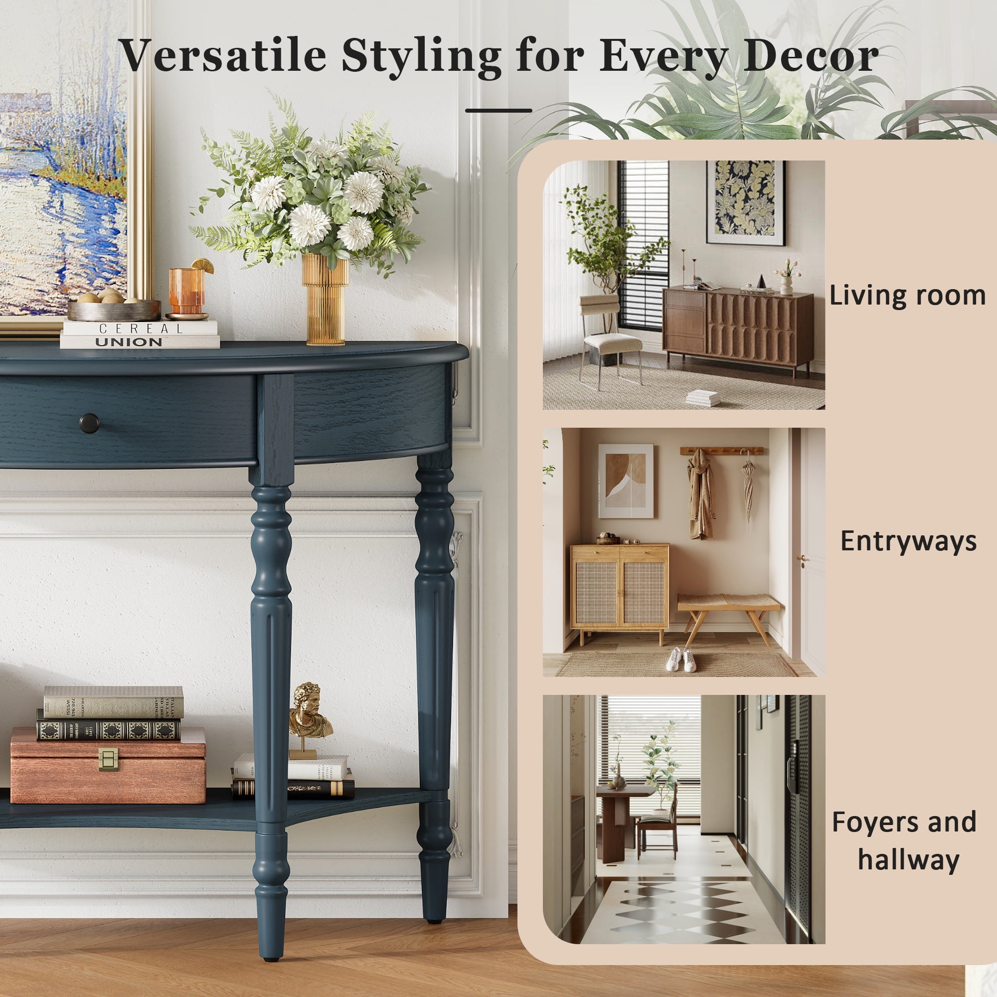 Euroco Farmhouse Half Moon Console Table, Narrow Sofa Table with Storage Shelf & 1 Drawer ,Wood Entryway Table Accent Table for Living Room, Hallway and Foyer,Navy