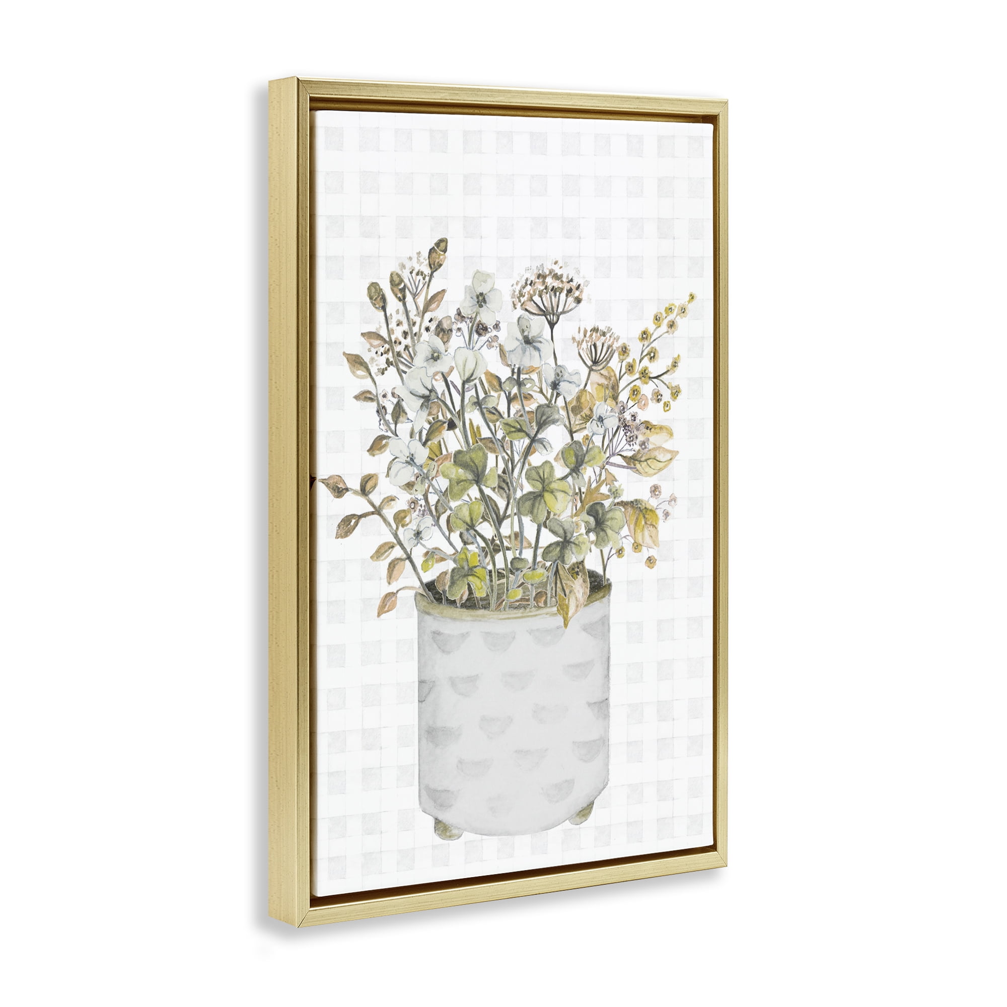 Stupell Industries Neutral Potted Wildflowers Botanical & Floral Painting Gold Floater Framed Canvas Art Print Wall Art, 17 x 25