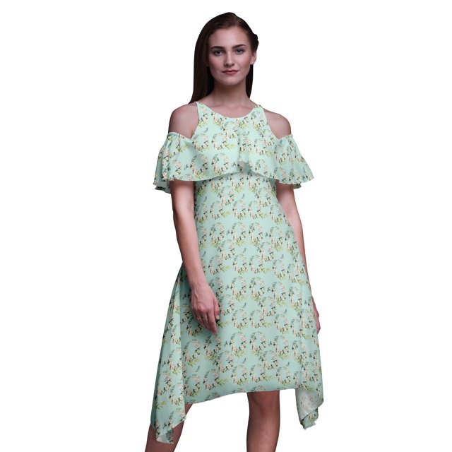 Bimba Tunique à Épaules Dénudées Imprimée Florale Verte pour Femmes Robe de Soirée Col Rond - Moyen