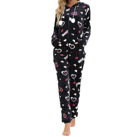 

Seyurigaoka Women Flannel Jumpsuit Pajama Soft Warm Long Sleeve Hooded Zipper Closure Lounge Sleepwear